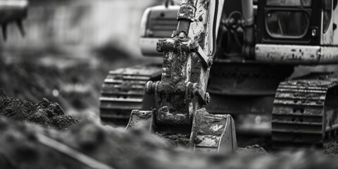 A black and white photo of a bulldozer. Can be used for construction, engineering, or industrial...