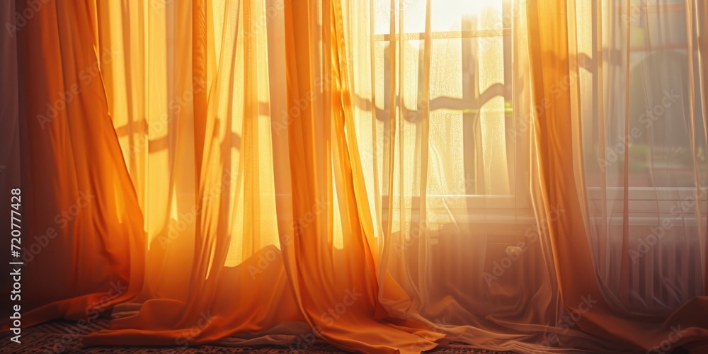 Poster a window with sheer curtains and a cat sitting on the window sill. perfect for home decor and cozy a