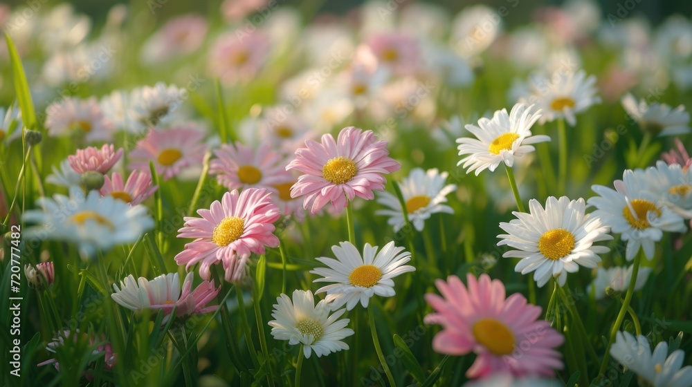 Poster A beautiful field filled with white and pink flowers. Perfect for adding a touch of color to any project