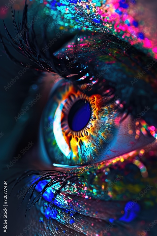 Poster A close-up view of a person's eye with sparkling glitter on it. Perfect for adding a touch of glamour and sparkle to any project