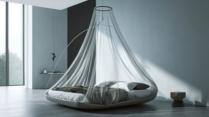 A bed canopy in a sleek silver mesh, set in a room with walls in a cool ice blue and a modern minimalist style