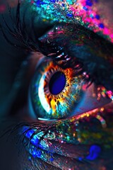 A close-up view of a person's eye with sparkling glitter on it. Perfect for adding a touch of glamour and sparkle to any project