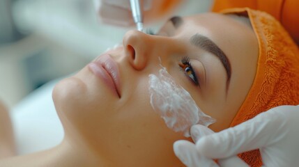 Woman receiving a facial mask treatment at a professional beauty salon. Ideal for advertisements or articles about skincare and self-care routines