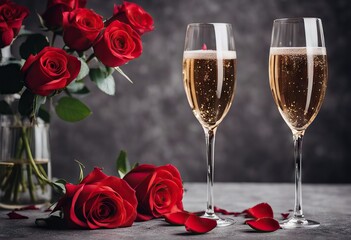  glasses roses champagne background table dating setting Image s card concrete red greeting