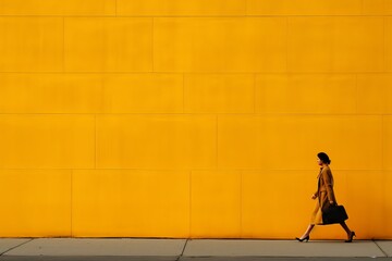 fashionable woman in raincoat walking against orange wall - space for text, vibrant composition