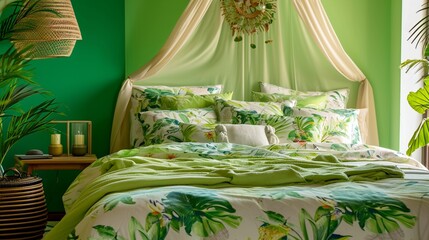 A bed canopy in a tropical print, set in a room with lime green walls and a summer vibe