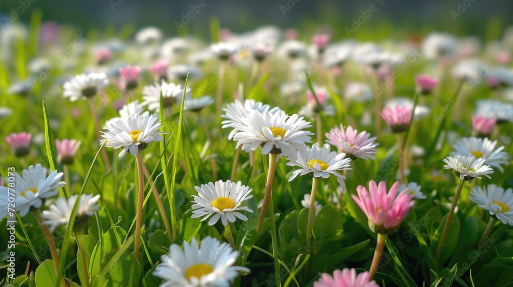 Poster a picturesque field filled with an abundance of white and pink flowers. ideal for adding a touch of 