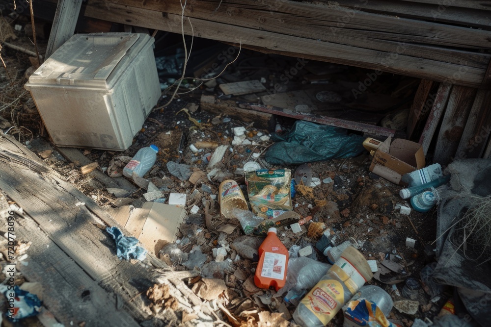 Poster a pile of trash sitting on the ground next to a tv. this image can be used to depict waste, pollutio