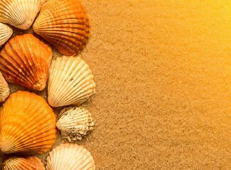 Shells on the sand of the beach background with copy space