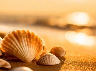 Seashells on the sand on the background of the sea