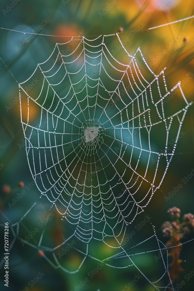 Poster A close-up view of a spider web covered in water droplets. Perfect for adding a touch of nature and beauty to any project
