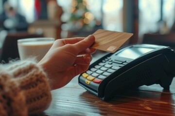 A person holding a credit card in their hand. Can be used for financial or banking concepts - obrazy, fototapety, plakaty