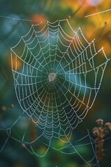 A close-up view of a spider web covered in water droplets. Perfect for adding a touch of nature and beauty to any project