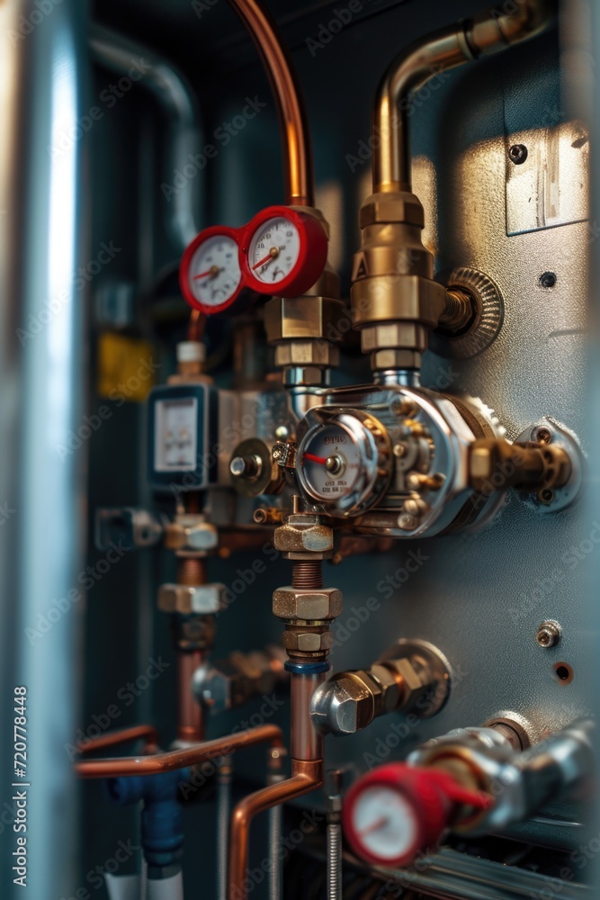 Poster a collection of pipes and valves in a room. this versatile image can be used to represent plumbing, 