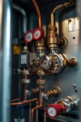 A collection of pipes and valves in a room. This versatile image can be used to represent plumbing, industrial infrastructure, engineering, or construction projects