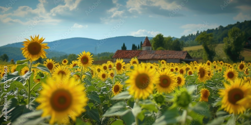 Poster a picturesque view of a field filled with vibrant sunflowers, with a charming house in the backgroun