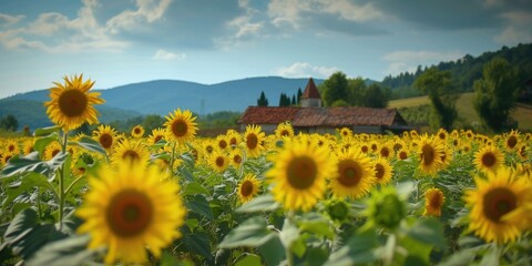 Obraz premium A picturesque view of a field filled with vibrant sunflowers, with a charming house in the background. Perfect for adding a touch of nature and beauty to any project