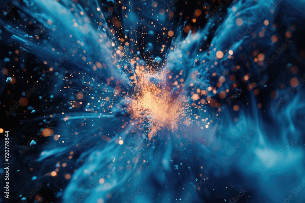 Poster A vibrant, close-up image capturing the beauty and intensity of a blue and yellow explosion. Perfect for adding a burst of color and energy to any project