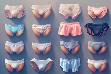 A collection of underwear items neatly arranged next to each other. Perfect for showcasing different styles and colors. - obrazy, fototapety, plakaty