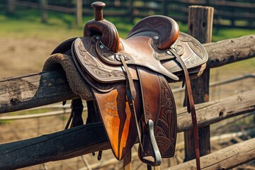 A saddle hangs on a sturdy wooden fence. Perfect for equestrian enthusiasts and rustic farm-themed designs