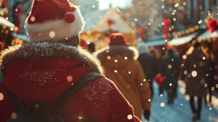 A person wearing a Santa hat walking down a street. Perfect for Christmas-themed designs and holiday promotions