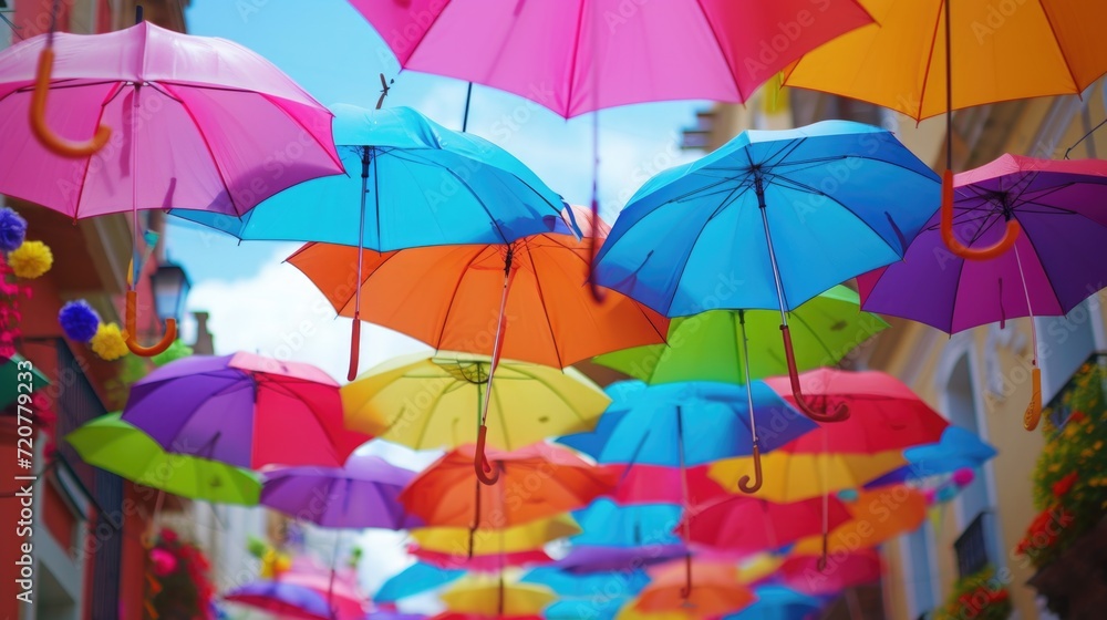 Poster Colorful hanging umbrellas creating a vibrant and festive atmosphere. Perfect for adding a pop of color to any event or space