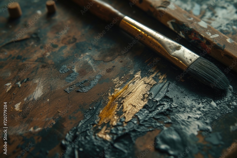 Poster a paintbrush resting on a rustic wooden table. perfect for art and creativity projects
