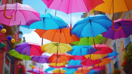 Colorful hanging umbrellas creating a vibrant and festive atmosphere. Perfect for adding a pop of color to any event or space