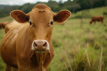 A brown cow standing on a lush green field. Suitable for agricultural, countryside, or farm-related themes
