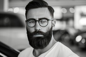Obraz premium Confident businessman in a sharp, black and white stock image. Beard, glasses, well-groomed