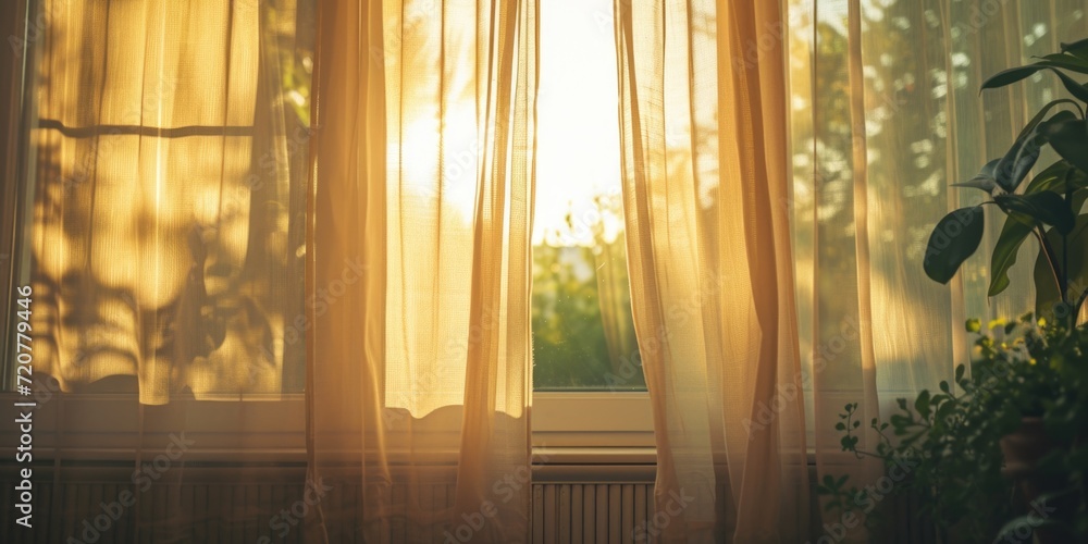 Poster Sunlight shining through curtains of a window. Perfect for adding warmth and natural lighting to any interior design project