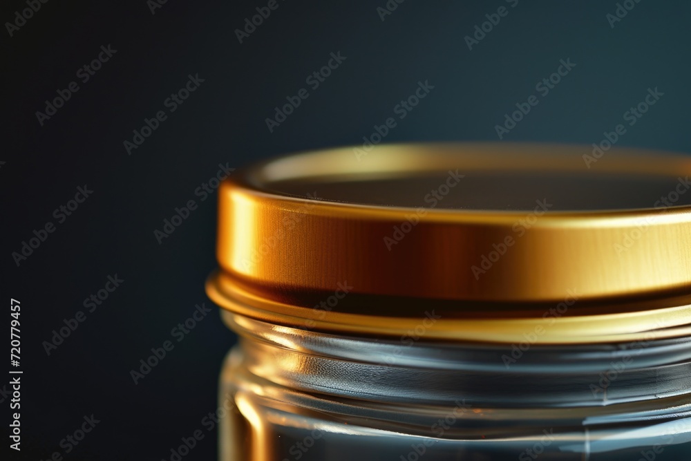 Poster A detailed close-up of a glass jar with a shiny gold lid. This versatile image can be used for various purposes
