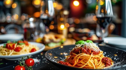 A plate of spaghetti with tomato sauce and a glass of wine. Perfect for Italian cuisine or food and drink concepts - Powered by Adobe