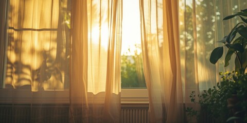 Sunlight shining through curtains of a window. Perfect for adding warmth and natural lighting to any interior design project