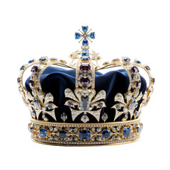 blue and gold crown with jewels on a transparent background png isolated