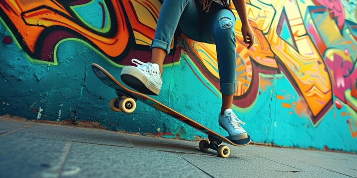 A person riding a skateboard in front of a vibrant graffiti-covered wall. Perfect for urban-themed designs or showcasing street culture