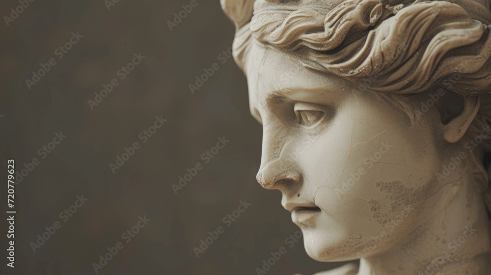 Poster A close-up view of a statue depicting a woman. This image can be used to add an artistic touch to any project
