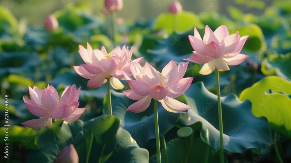 Poster a beautiful field of pink flowers with vibrant green leaves. perfect for adding a touch of color and