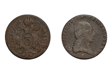3 Kreuzer 1800 Franz II. Coin of Austrian Empire. Obverse Portrait of Francis II of Habsburg. ...