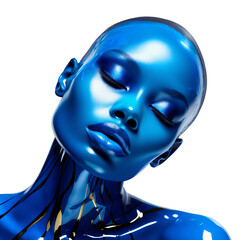 a woman face sculpture covered in blue paint on a transparent background png isolated