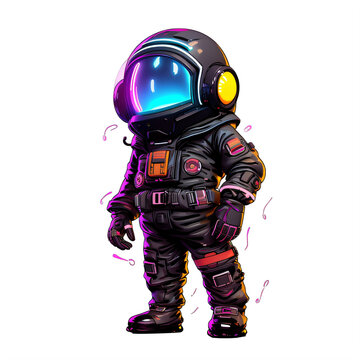 a neon black astronaut cartoon on a transparent background png isolated