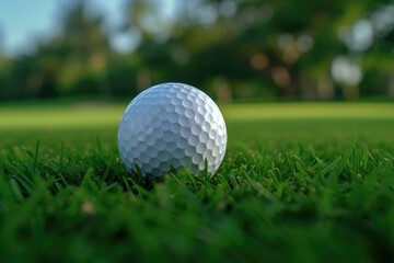 Obraz premium A golf ball sits on top of a vibrant, well-maintained green field. This image is perfect for golf enthusiasts or for illustrating sports and outdoor activities