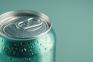 A can of soda with water droplets, perfect for beverage advertisements or hydration concepts
