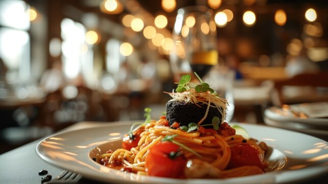 A plate of spaghetti with a delicious combination of meat and vegetables. Perfect for a hearty and satisfying meal.