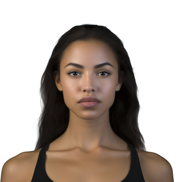 a black woman with long black hair wearing black top on a transparent background png isolated