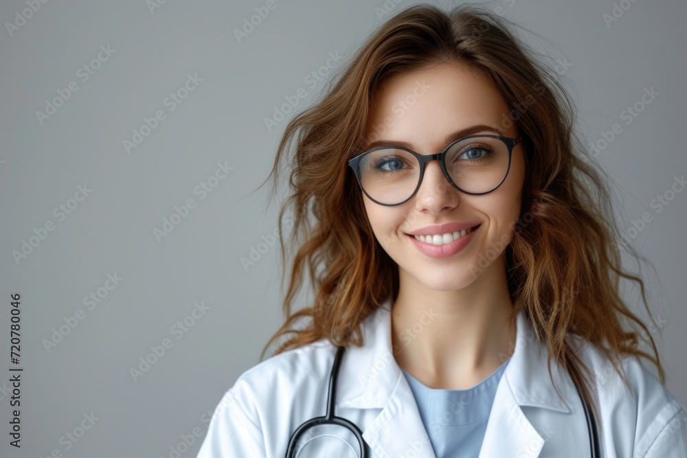 Poster a professional woman wearing a white lab coat and glasses. this image can be used to represent scien
