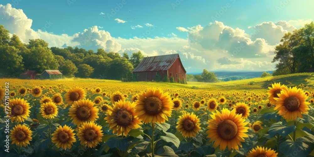 Aufkleber A picturesque scene of a sunflower field with a rustic barn in the background. Perfect for adding a touch of nature and country charm to any project
