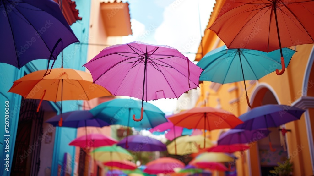 Aufkleber A vibrant display of colorful umbrellas hanging from the ceiling. Perfect for adding a pop of color and whimsy to any space