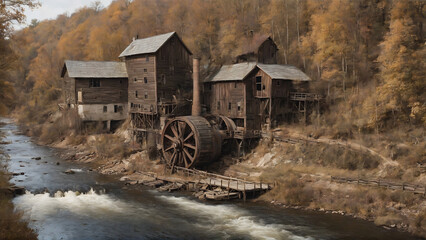 old wooden mill on the river oil painting