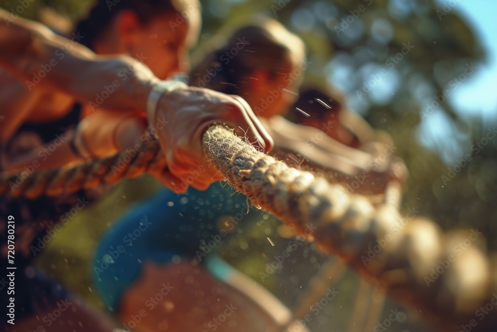 Aufkleber A group of people pulling a rope with their hands. Suitable for team building and cooperation concepts